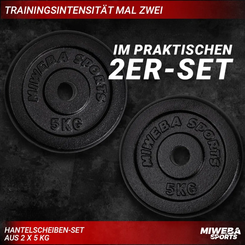 Miweba Sports Hantelscheiben HSG50, 2x 5 kg Hantel-Gewichte, passend für Ø 30mm, Set, Gusseisen New