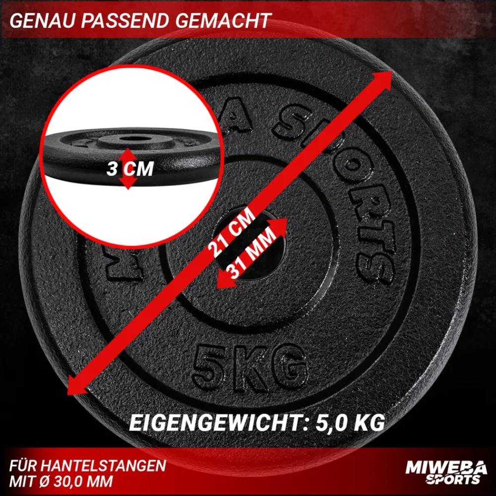 Miweba Sports Hantelscheiben HSG50, 2x 5 kg Hantel-Gewichte, passend für Ø 30mm, Set, Gusseisen New