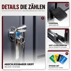 Mülltonnenbox 2er mit Pedal, 120L bis 240L, für Zwei Tonnen, Metallverkleidung aus verzinktem Stahl, Anthrazit Grau RAL7016, abschließbar, wetterfest, ISO9227, mit Aufkleber Set ^ ALBATROS Hot