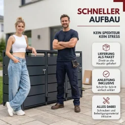ALBATROS Mülltonnenbox 3er mit Pedal, 120L bis 240L, für Drei Tonnen, Metallverkleidung aus verzinktem Stahl, Anthrazit Grau RAL7016, abschließbar, wetterfest, ISO9227, mit Aufkleber Set Best
