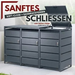 ALBATROS Mülltonnenbox 3er Tonne | bis 240 Liter | Anthrazitgrau RAL 7016 | verzinkter Stahl | Premium Dämpfer| Aufkleber-Set | wetterfest| Discount