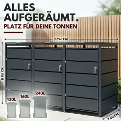 ALBATROS Mülltonnenbox 3er Tonne | bis 240 Liter | Anthrazitgrau RAL 7016 | verzinkter Stahl | Premium Dämpfer| Aufkleber-Set | wetterfest| Discount