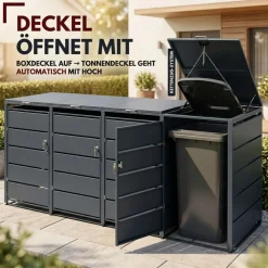 ALBATROS Mülltonnenbox 4er Tonne | bis 240 Liter | Anthrazitgrau RAL 7016 | verzinkter Stahl | Premium Dämpfer| Aufkleber-Set | wetterfest| Outlet