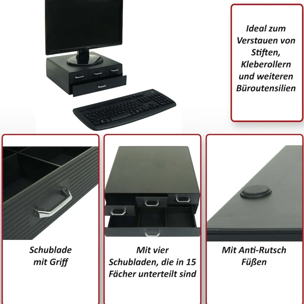 Monitorerhöhung -L99, Monitorständer Bildschirmerhöhung Aufbewahrungsbox mit 4 Schubladen und 15 Fächern 13x34x31cm ^ MCW Clearance
