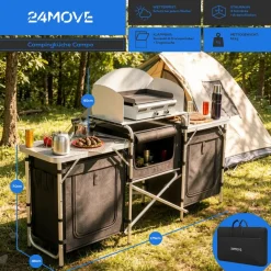 ® Campingküche CAMPO faltbar, Alu Outdoorküche mit Arbeitsplatte und Staufächern inkl. Windschutz und Tragetasche ^ 24MOVE Discount
