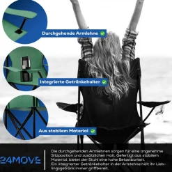 24MOVE ® Campingstuhl Faltstuhl, grün, mit Getränkehalter und Tragetasche Outdoor, faltbar max. 100kg, Anglerstuhl, Polyester Clearance