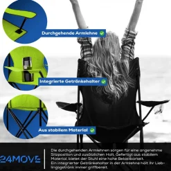 ® Campingstuhl Faltstuhl, hellgrün, mit Getränkehalter und Tragetasche Outdoor, faltbar max. 100kg, Angerstuhl, Klappstuhl ^ 24MOVE New