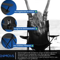 24MOVE ® Campingstuhl Faltstuhl, schwarz, mit Getränkehalter und Tragetasche Outdoor, faltbar max. 100kg, Angerstuhl, Klappstuhl New