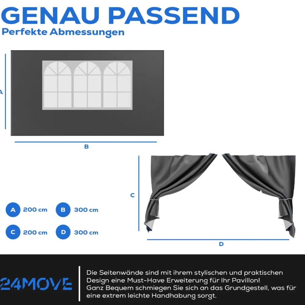 ® Pavillon Seitenteile 2er Set 2x3m mit Fenster & Reissverschluss, wasserdicht, grau - für Partyzelt, Festzelt, Festivals ^ 24MOVE Discount
