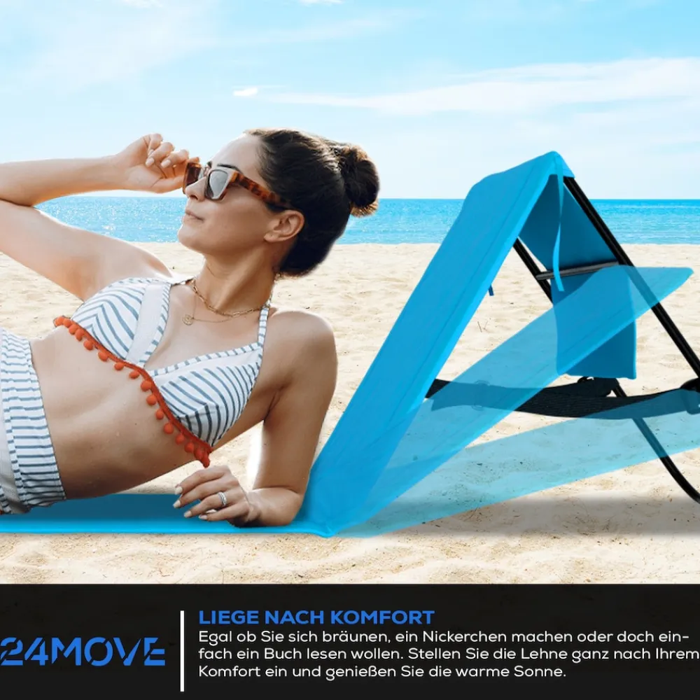 24MOVE ® Strandmatte 2er Set klappbar mit Rückenlehne, Strandliege mit Gurt, tragbar für Strand und Garten, Liegematte blau Outlet