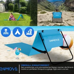 24MOVE ® Strandmatte 2er Set klappbar mit Rückenlehne, Strandliege mit Gurt, tragbar für Strand und Garten, Liegematte blau Outlet