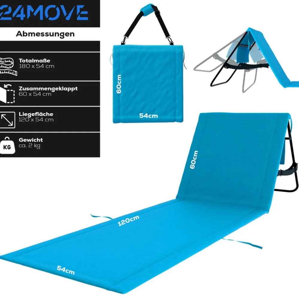 24MOVE ® Strandmatte 2er Set klappbar mit Rückenlehne, Strandliege mit Gurt, tragbar für Strand und Garten, Liegematte blau Outlet