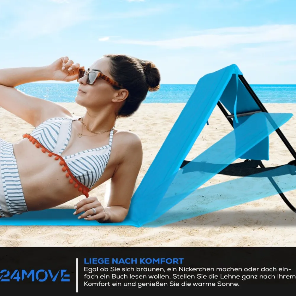 24MOVE ® Strandmatte 2er Set klappbar mit Rückenlehne, Strandliege mit Gurt, tragbar für Strand und Garten, Liegematte blau Outlet