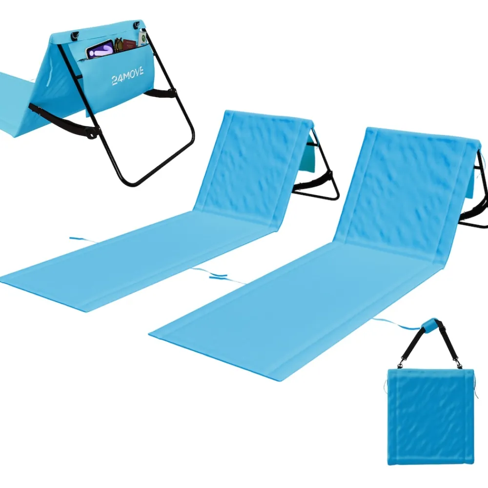 24MOVE ® Strandmatte 2er Set klappbar mit Rückenlehne, Strandliege mit Gurt, tragbar für Strand und Garten, Liegematte blau Outlet