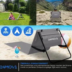 24MOVE ® Strandmatte 2er Set klappbar mit Rückenlehne, Strandliege mit Gurt, tragbar für Strand und Garten, Liegematte grau Clearance