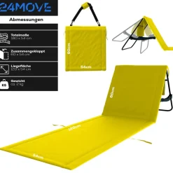 24MOVE ® Strandmatte 1er Set klappbar mit Rückenlehne, Strandliege mit Gurt, tragbar für Strand und Garten, Liegematte gelb New