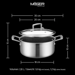 Mäser Kochtopf 20x9,5 cm mit Glasdeckel, Edelstahl Hestia Keramik Silber / Schwarz Discount