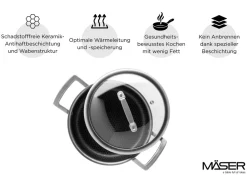 Mäser Kochtopf 20x9,5 cm mit Glasdeckel, Edelstahl Hestia Keramik Silber / Schwarz Discount
