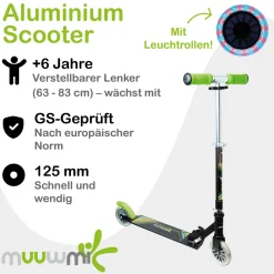 Aluminium Scooter Neon – Tretroller, 125 mm, ABEC 5, GS-geprüft, höhenverstellbar, LED-Leuchtrollen, grün-schwarz ^ Muuwmi New