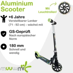 Aluminium Scooter Neon – Tretroller, 180 mm, ABEC 5, GS-geprüft, höhenverstellbar, LED-Leuchtrollen, grün-schwarz ^ Muuwmi Online