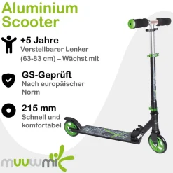 Aluminium Scooter – Tretroller, 125 mm, ABEC 5, GS-geprüft, höhenverstellbar, ^ Muuwmi Hot