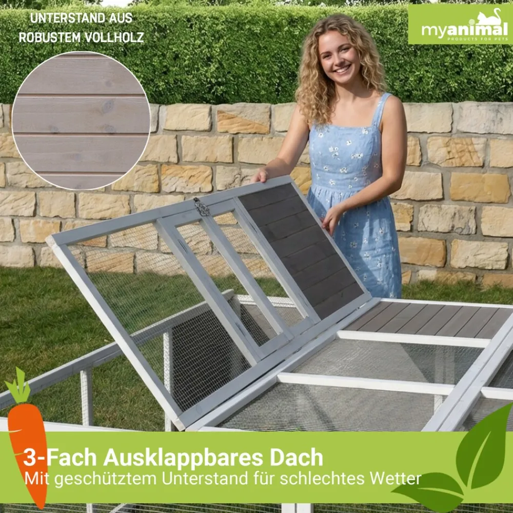 MyAnimal Hasenstall MH-06 Freilaufgehege, Kaninchenstall XXL, mit Unterstand, Simple-Fold, Vollholz (Grau) ^ My Animal Sale
