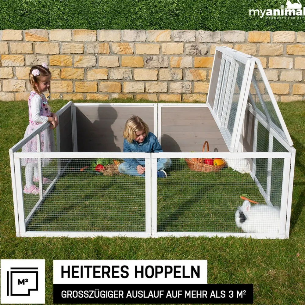 MyAnimal Hasenstall MH-06 Freilaufgehege, Kaninchenstall XXL, mit Unterstand, Simple-Fold, Vollholz (Grau) ^ My Animal Sale