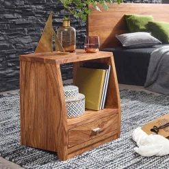 Finebuy Nachtkommode Sheesham Massivholz Schublade & Ablage Nachttisch Nachtkästchen New