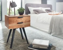 Nachtkästchen Akazie Massivholz Nachttisch 2 Schubladen Nachtkommode Industrial ^ Finebuy Outlet