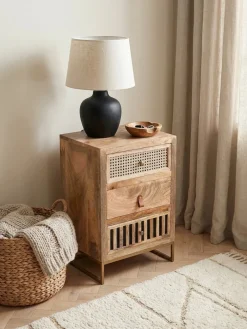 KADIMA DESIGN Nachttisch – Mango Massivholz/Metall, 40x60x30 cm, 3 Schubladen, Wiener Geflecht Discount