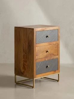 Nachttisch Massivholz Steinoptik 3 Schubladen Metallgestell, 40x30x60 cm ^ KADIMA DESIGN Sale