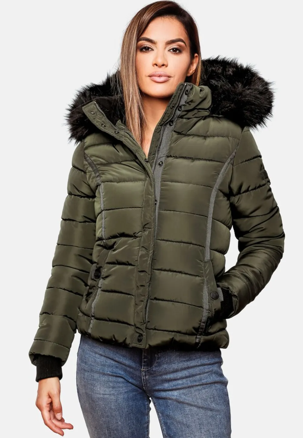 NAVAHOO Damen Steppjacke Hochwertige Winterjacke Mit Voluminöser Kunstpelz-Kapuze Miamor Anthrazit New