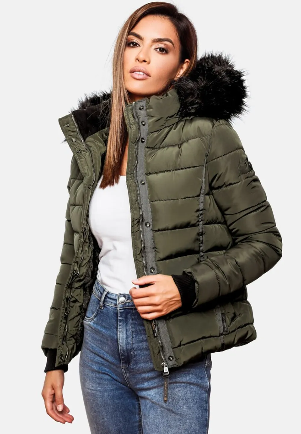 NAVAHOO Damen Steppjacke Hochwertige Winterjacke Mit Voluminöser Kunstpelz-Kapuze Miamor Anthrazit New