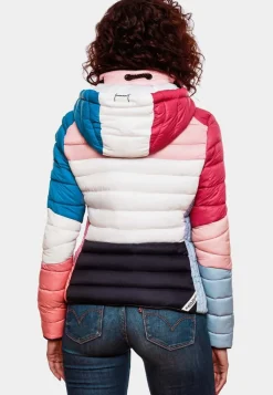 NAVAHOO Damen Steppjacke leichte Übergangsjacke mit Kapuze im Colourblocking Stil Lulana Multikulti Dark 1 Best