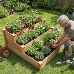 Großes Hochbeet Stufenbeet 3-stufig aus Holz für Garten Terrasse, Pflanzbeet Pflanztreppe XL quadratisch, Etagen Blumenbeet Kräuterbeet Blumentreppe, 123,5 x 123,5 x 53 cm, braun ^ needs&wants® Discount