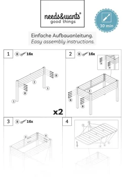 ® Hochbeet aus Holz für Garten Balkon Terrasse, Pflanzkasten Bausatz rechteckig schmal mit Vlies-Folie, Kräuterbeet Pflanzenkasten deko, 100 x 50 x 75 cm, weiß ^ needs&wants Discount