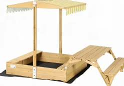 needs&wants® Holz Sandkasten mit Picknicktisch und Dach, Bänken & Abdeckung, Kinder Sandkiste mit klappbarem Deckel, UV-Sonnenschutz, Sandbox quadratisch für Garten Outdoor Spielplatz, 185x110 cm, gelb weiß braun Hot