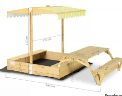 needs&wants® Holz Sandkasten mit Picknicktisch und Dach, Bänken & Abdeckung, Kinder Sandkiste mit klappbarem Deckel, UV-Sonnenschutz, Sandbox quadratisch für Garten Outdoor Spielplatz, 185x110 cm, gelb weiß braun Hot