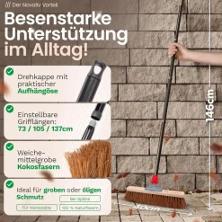 Novaliv Kokosbesen 40 cm mit Stiel Kokosborsten Besen Naturborsten mit stiel Ideal als Werkstattbesen Hallenbesen Industriebesen Hausbesen Kehrbesen Malerbesen Haarbesen Terassenbesen Besen weich Clearance