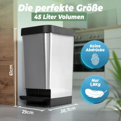 Novaliv 3x Großer Mülleimer mit Deckel - 45L Tretmülleimer - Stabiler Abfalleimer mit Deckel & Fußpedal - Geruchsdichter Mülleimer Küche u.v.m - Treteimer Müllbehälter