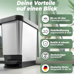 Novaliv 3x Großer Mülleimer mit Deckel - 45L Tretmülleimer - Stabiler Abfalleimer mit Deckel & Fußpedal - Geruchsdichter Mülleimer Küche u.v.m - Treteimer Müllbehälter