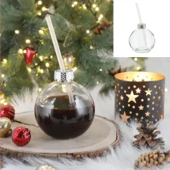 6X Tassen Glühwein 400 ml Personalisierte Weihnachtstasse mit Trinkhalm - Weihnachtskugel als Glühweinbecher - Christbaumkugel Motiv Tasse Tannenbaum Kugel Weihnachtstassen Handwärmer Mugs ^ Novaliv New