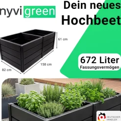 NYVI Hochbeet Green - Gartenbeet aus wetterfestem & recyceltem Kunststoff - Pflanzenbeet Ausführung:XL 158x82x61cm 672 Liter Anthrazit Outlet