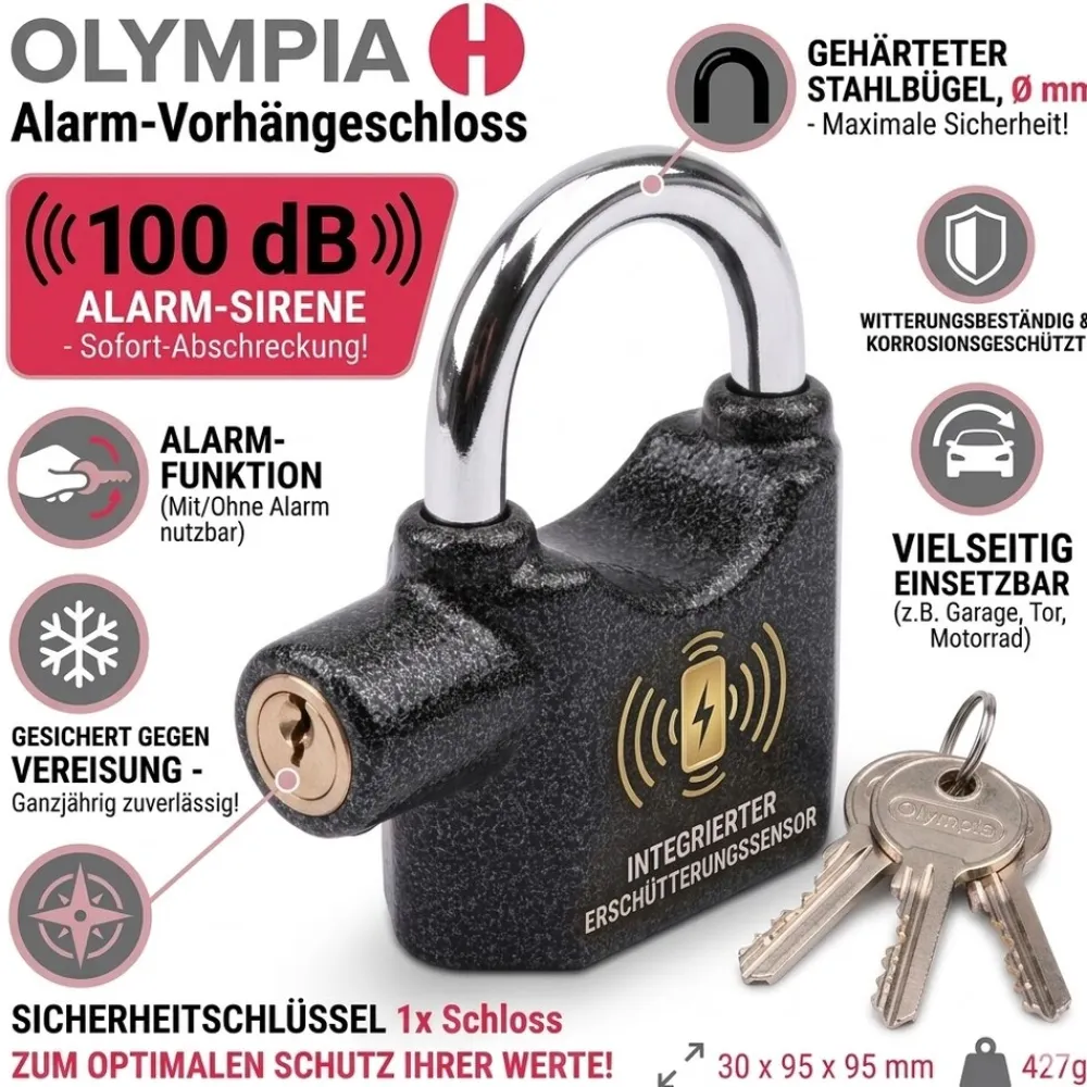 S 100 Vorhängeschloss mit Alarmfunktion und Erschütterungssensor, 100 dB ^ Olympia Clearance