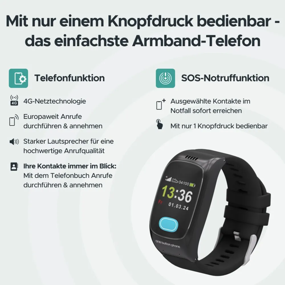One Button Phone Notrufuhr Modell 2024 Schwarz Discount