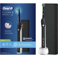 Braun Oral-B Clean & Protect Zahnbürste (3D-Technologie, visuelle Andruckkontrolle, 2 Putzprogramme: Tägliche Reinigung und Sensitiv, bis zu 2 Wochen Akku-Laufzeit, integrierter 2-Minuten-Timer, Handstück mit Ladestation, 1 Aufsteckbürste, 1 Reise-Etui, made in New