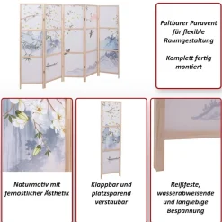 MCW Paravent -O70, Trennwand Sichtschutz Raumtrennung Naturmotive Holz MVG Polyethylen 170x227cm ~ Blumen Outlet