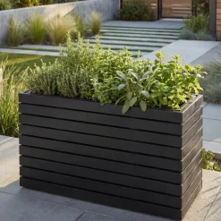 Pflanzkasten -L21, Pflanzkübel Blumentopf Hochbeet, eckig 41x63x23cm Outdoor Akazie Holz MVG-zertifiziert ~ schwarz ^ MCW Discount