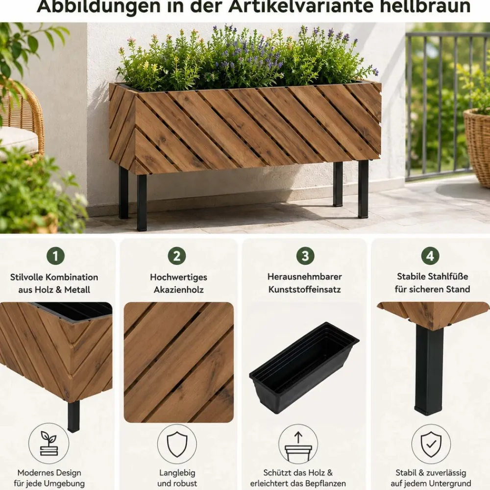 MCW Pflanzkasten MVG-P87, Blumen-/Pflanzkübel Blumenkasten, In-/Outdoor Akazie Holz MVG-zertifiziert 36x62x22cm ~ schwarz Discount