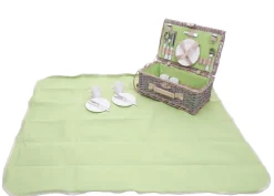 Picknickkorb-Set -B24 für 4 Personen, Weiden-Korb, Porzellan Edelstahl ~ grau-grün ^ MCW Discount